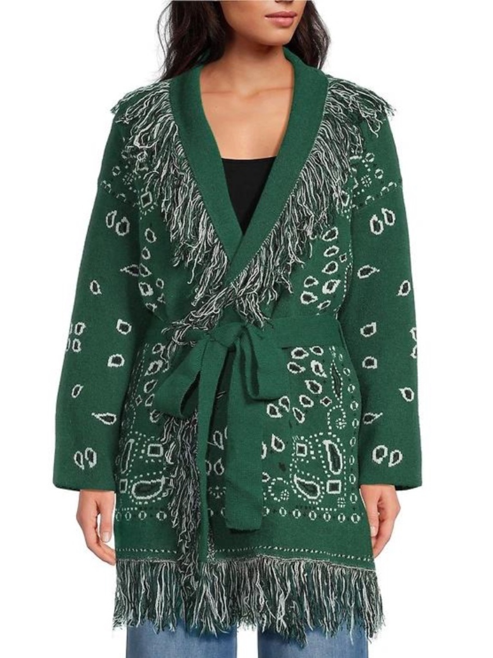 Sugarlips — Emerald Bandana Fringe Shawl Collar Belted Cardigan Size S